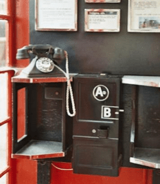 Photograph of the inside of an old phone box, showing buttons A and B.