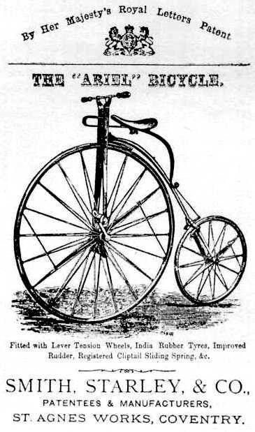 Two images of advertisements for Smith-Starley products - one a pennyfarthing bicycle and the otehr sewing machines.