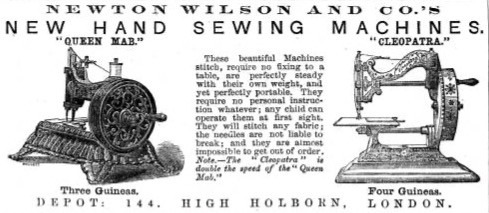 Old monochrome image showing old hand sewing machines and text.