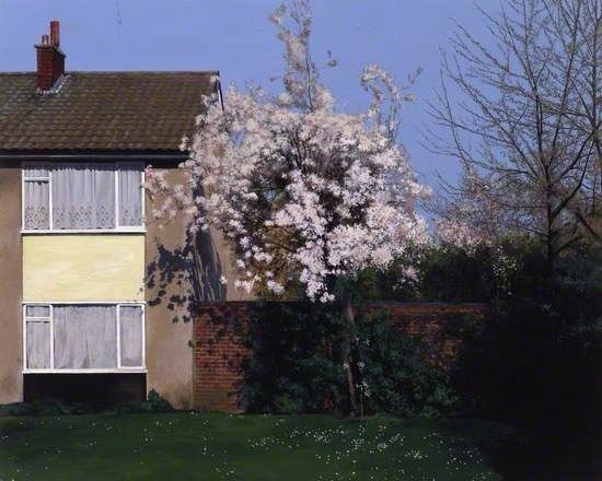 Very realistic painting of a house in Tile Hill with a blossom tree to the right.