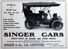 Old advertisement for Singer Cars, with image of car and text.