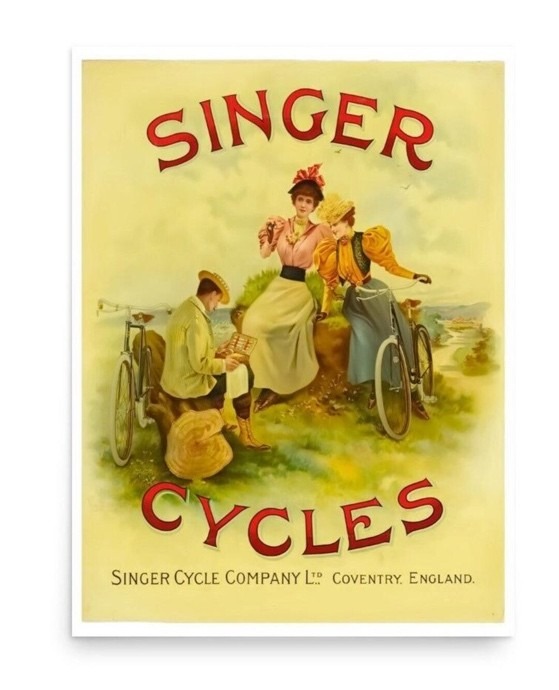 Victorian image - a painting showing two ladies and one man with cycles out in the country