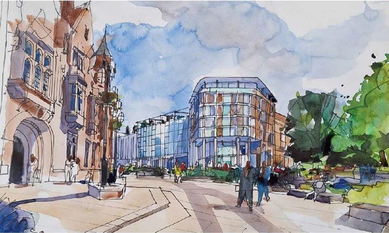 Artists impression of a city centre site after redevelopment. Image shows council house on the left and the new scheme in the centre.