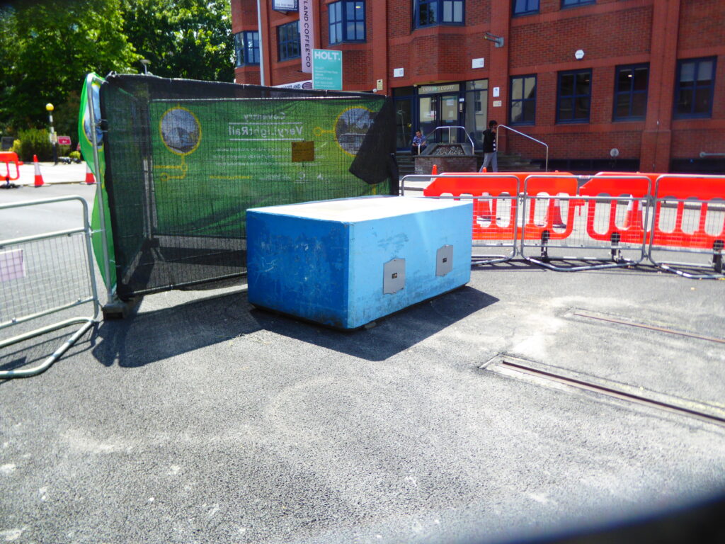 Large concrete blocks at the end of the tram line