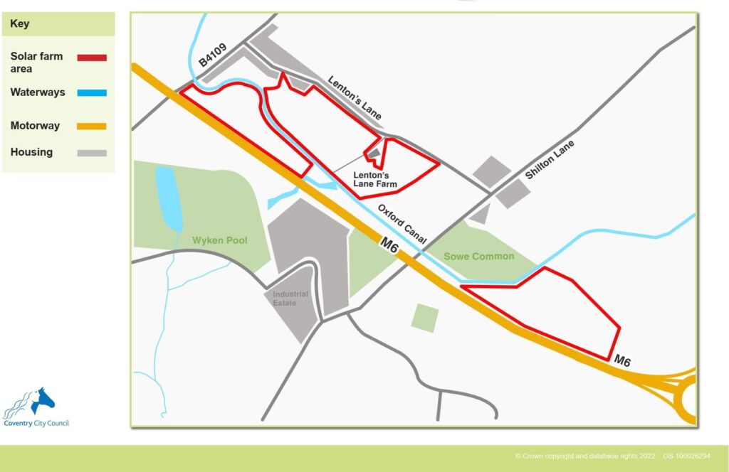 Plan showing the location of the solar farm, the M6, the Oxford Canal and local roads. 