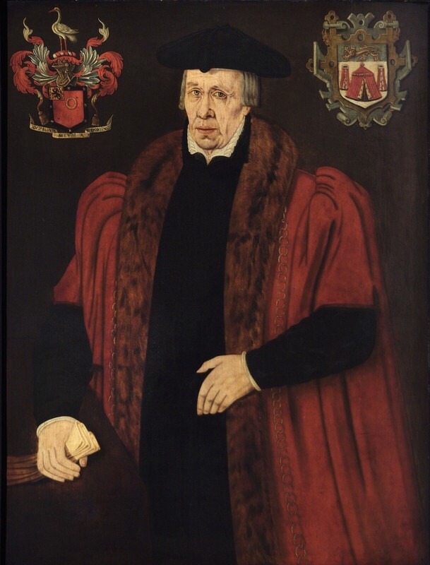 This is a p;ainting of Sir Thomas White, wearing red gowns and stole with coats of arms in the top corners