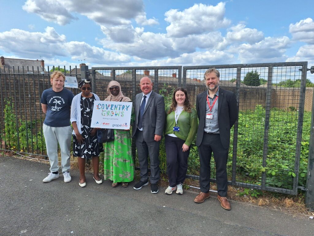 Picture: (Left to right) James, Ommie and Aji from Growing Together- Stoke Heath Community Garden, Councillor Jim O'Boyle, Katherine Crick (CCC) and John Martin from E.ON