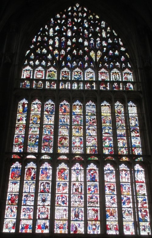 Colour photograph of a huge stained glass window.
