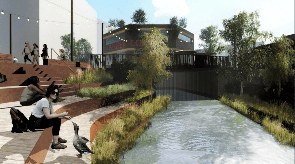 Architects image of a river and as sitting area next to it.