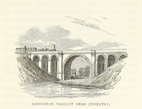 Line drawing of the Sherbourne Viaduct with an old steam train crossing it