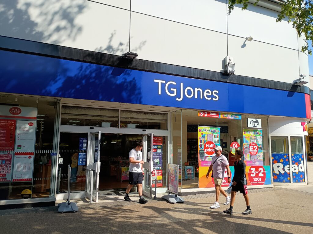 Photo of the same shop, with the sign TG Jones instead of WH Smith.