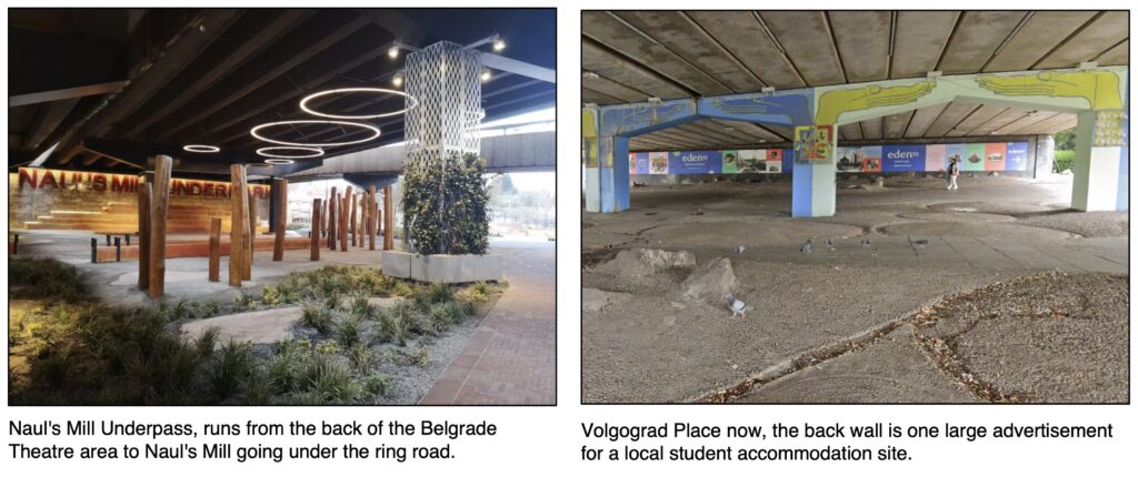 Two photographs. The left hand one shows a colourful image of Naul's Mill Underpark. The right hand one shows the condition of the former Volgograd Place as it is today.